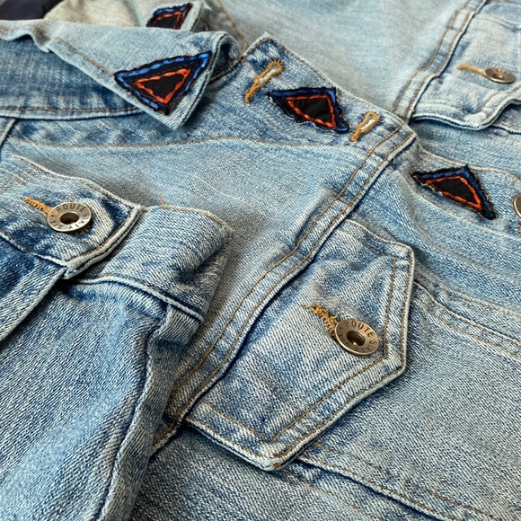 Upcycled long denim duster / jean jacket OOAK Reworked tiered appliqué boho - Picture 6 of 12